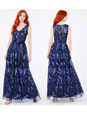 R&M Richards Navy Embroidered Tulle Maxi Dress Petite 10 Floral Formal Gown